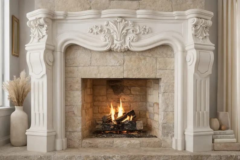 Carved stone fireplace